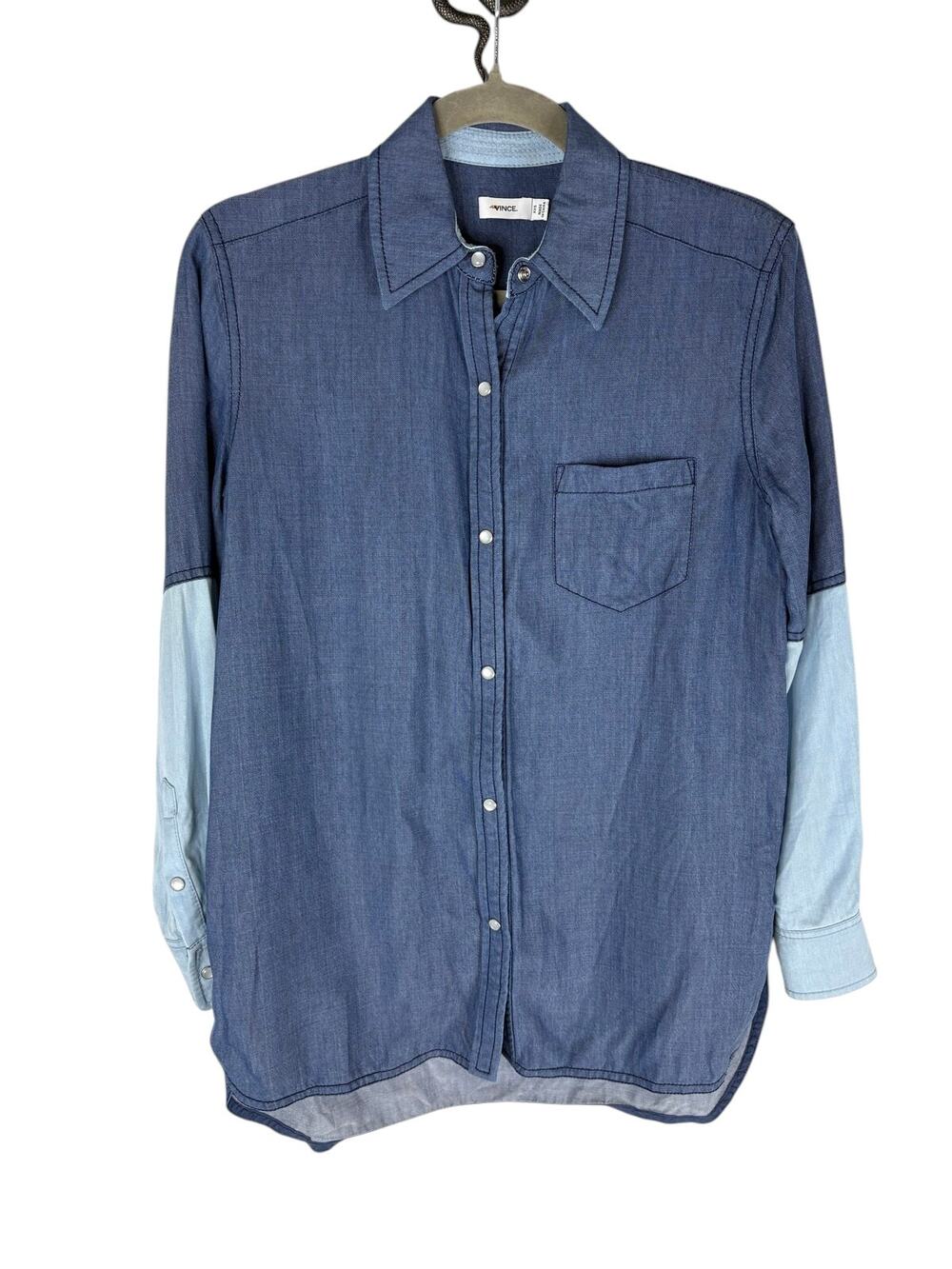 Vince Shirt Two Tone Chambray Colorblock Snap Button Preppy Office Fall Y2K XXS